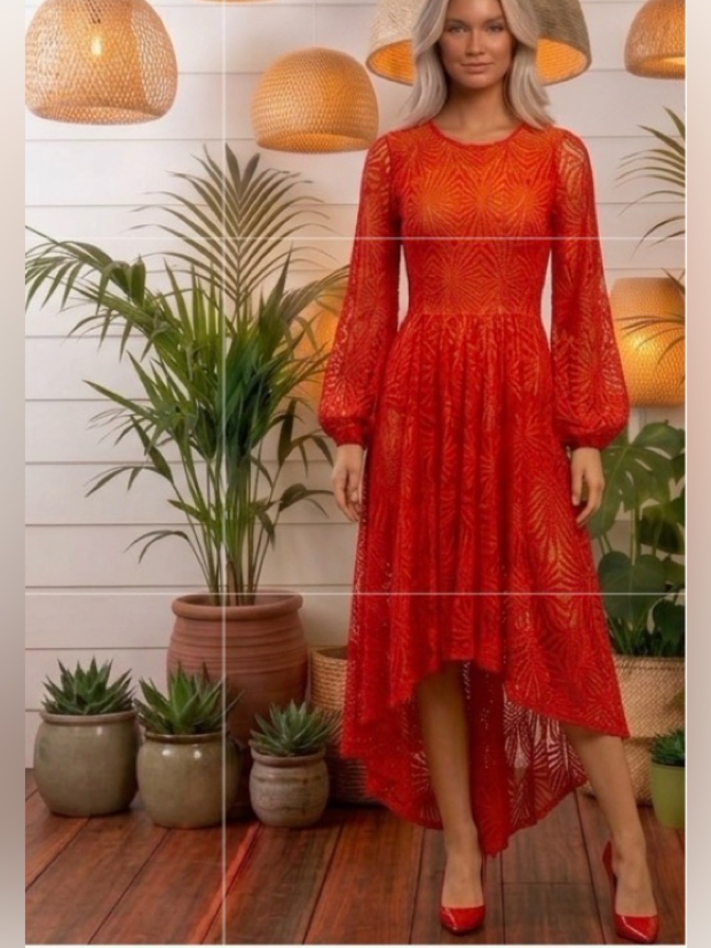 Free People Red Maxi W/Bubble Sleeves Fully Lace
